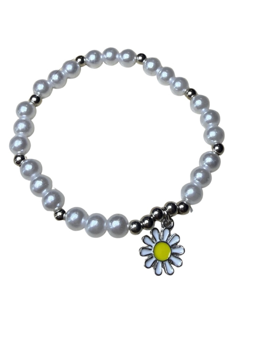 Pearl Beaded Bracelet with Daisy Charm - White & Yellow